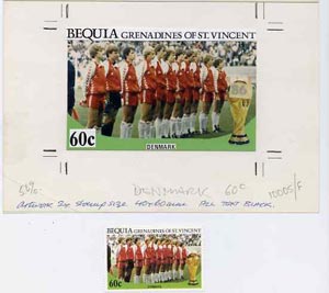 St Vincent - Bequia 1986 World Cup Football original artwork for 60c value (Denmark Team) comprising coloured photograph and overlay with text with several printer's notations, 125 x 75 mm (plus issued stamp)