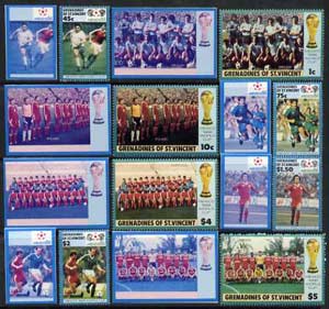 St Vincent - Grenadines 1986 World Cup Football complete set of 8 die proofs in red and blue only (missing Country name & value) on Cromalin plastic card (ex archives) as SG 468-75