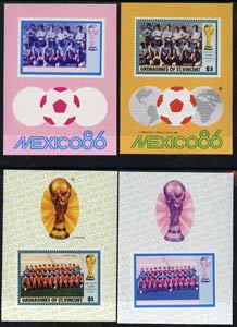 St Vincent - Grenadines 1986 World Cup Football the set of two m/sheet die proofs in red and blue only (missing Country name & value) on Cromalin plastic card (ex archives) as SG MS 476 plus issued m/sheets