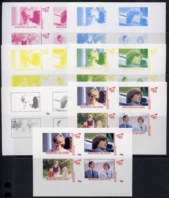 Bernera 1982 Princess Di's 21st Birthday imperf sheetlet containing 4 values, the set of 7 progressive colour proofs comprising the 4 individual colours and various colour combinations incl completed design, unmounted mint