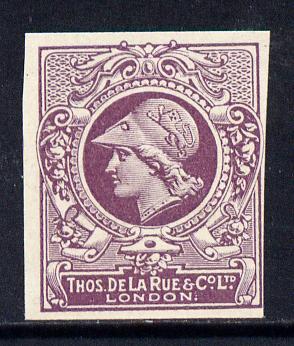 Cinderella - GB Great Britain 1911 De La Rue undenominated imperf Minerva Head dummy stamp in purple with solid background unmounted mint
