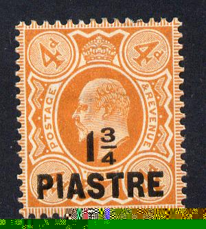 British Levant 1910 1.75pi on KE7 4d orange mounted mint SG 23