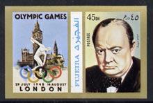 Fujeira 1972 Winston Churchill 45 Dh imperf with label (showing Houses of Parliament & Discus Thrower) from Olympics Games - People & Places set of 20 unmounted mint, Mi 1050B