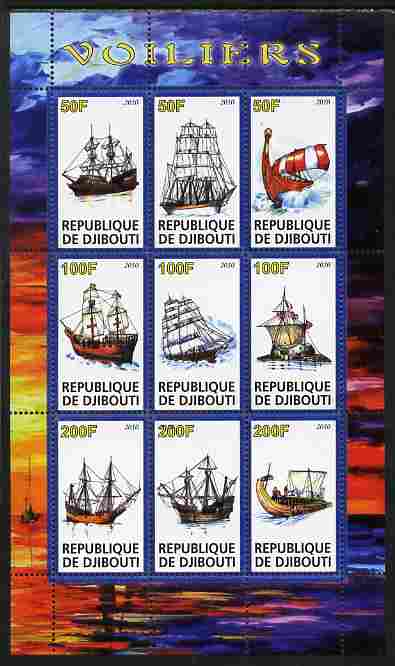 Djibouti 2010 Sailing Ships perf sheetlet containing 9 values unmounted mint