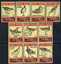 Match Box Labels - complete set of 10 Birds, superb unused condition (De Roeck of Belgium)