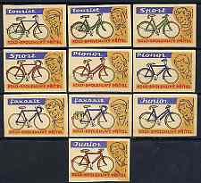 Match Box Labels - complete set of 10 Bicycles, fine unused condition (Czechoslovakian)