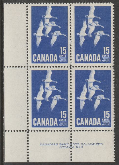 Canada 1963 Geese 15c imprint Plate block of 4 (Plate No. 2) from SW corner of sheet unmounted mint SG 539