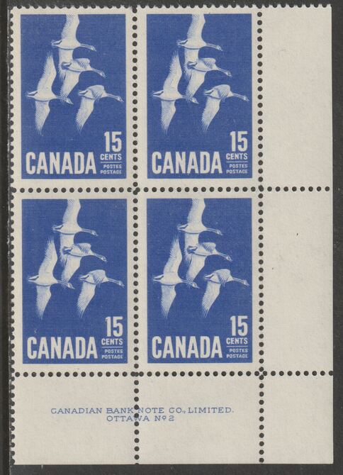Canada 1963 Geese 15c imprint Plate block of 4 (Plate No. 2) from SE corner of sheet unmounted mint SG 539