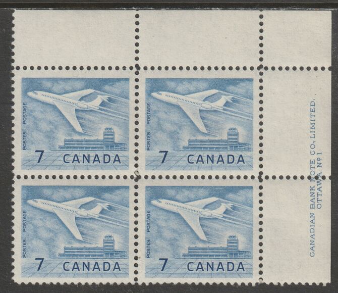 Canada 1964 Douglas DC-9 Aircraft 7c imprint Pate block of 4 (Plate No. 1) from NE corner of sheet unmounted mint SG 540