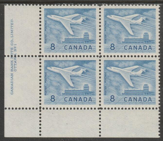 Canada 1964 Douglas DC-9 Aircraft 8c imprint Pate block of 4 (Plate No. 1) from SW corner of sheet unmounted mint SG 540a
