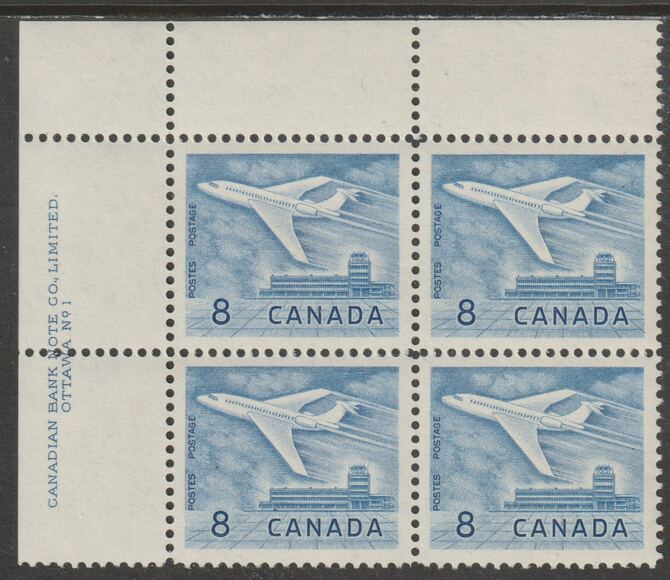 Canada 1964 Douglas DC-9 Aircraft 8c imprint Pate block of 4 (Plate No. 1) from NW corner of sheet unmounted mint SG 540a