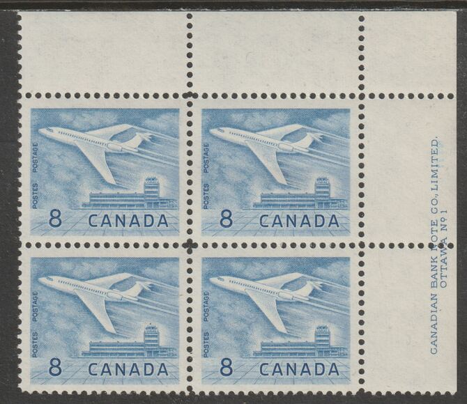Canada 1964 Douglas DC-9 Aircraft 8c imprint Pate block of 4 (Plate No. 1) from NE corner of sheet unmounted mint SG 540a
