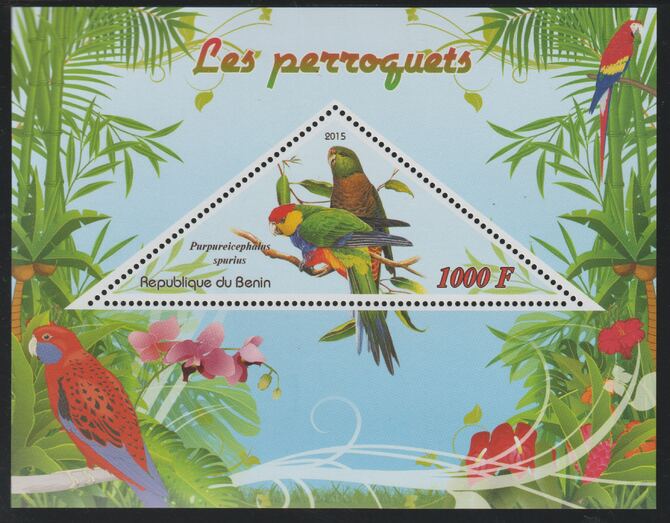 Benin 2015 Parrots perf deluxe sheet containing one triangular value unmounted mint