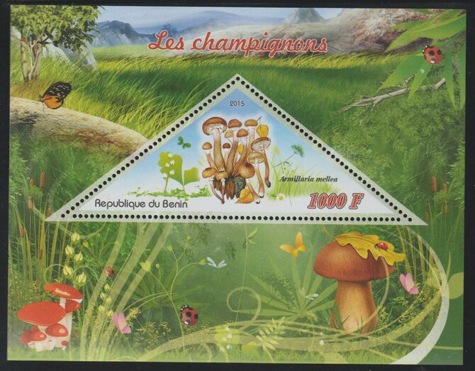 Benin 2015 Mushrooms perf deluxe sheet containing one triangular value unmounted mint