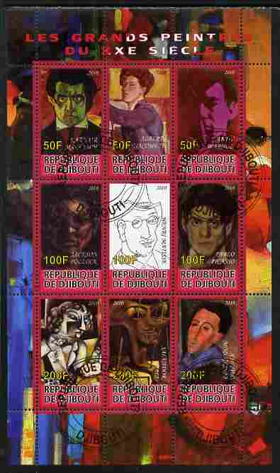 Djibouti 2010 Great Artists of the 20th Century perf sheetlet containing 9 values fine cto used