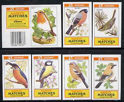 Match Box Labels - complete set of 6 + 1 British Birds, superb unused condition (Safeway includes packet label)