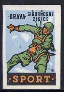 Match Box Label - Parachuting superb unused condition from Yugoslavian Sports & Pastimes Drava series