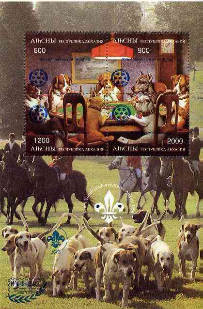 Abkhazia 1997 Aces High (Dog characters playing cards) perf sheetlet containing complete set of 4 values opt'd for 'Pacific 97' with Rotary & Scout overprints in blue unmounted mint