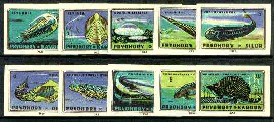 Match Box Labels - 10 Prehistoric Animals (part 1 of 4 nos 1-10), superb unused condition (Czechoslovakian Solo Match Co)