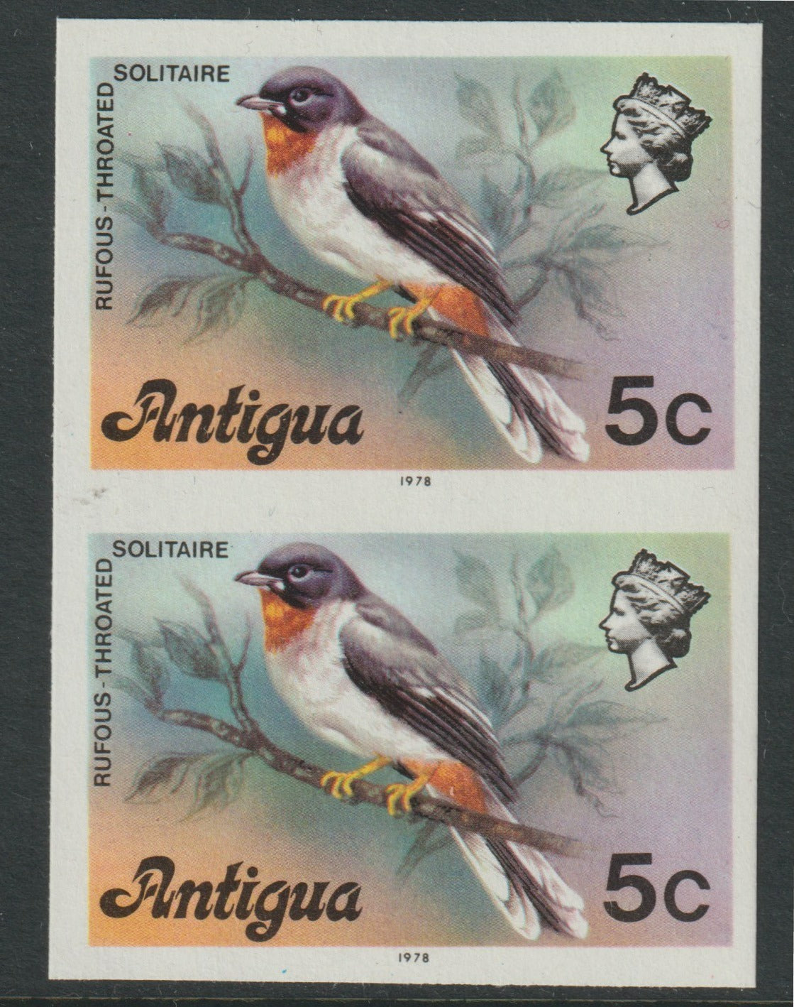 Antigua 1976 Solitaire Bird 5c (with imprint) unmounted mint imperforate pair (as SG 474B)