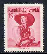 Austria 1948-51 Provincial Costumes 1s red (key value) unmounted mint SG 1126, Mi 911
