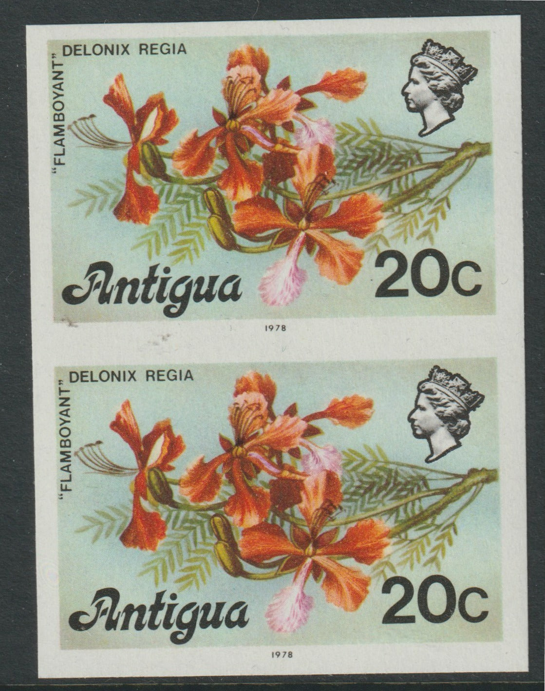 Antigua 1976 Flamboyant 20c (with imprint) unmounted mint imperforate pair (as SG 478B)