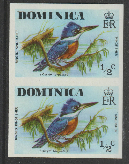 Dominica 1978 Ringed Kingfisher 1/2c in imperf pair plus normal pair unmounted mint, SG 523var
