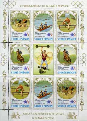 St Thomas & Prince Islands 1983 Olympic Games sheetlet containing 2 each of Cycling, Rowing, Hurdling & Show Jumping plus label showing weightlifting, unmounted mint, Mi 873-76