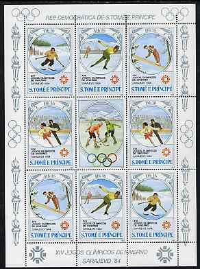St Thomas & Prince Islands 1983 Olympic Games sheetlet containing 2 each of Downhill Skiing, Ski Jump, Speed Skating & Figure Skating plus label showing Ice Hockey, Mi 869-72 unmounted mint