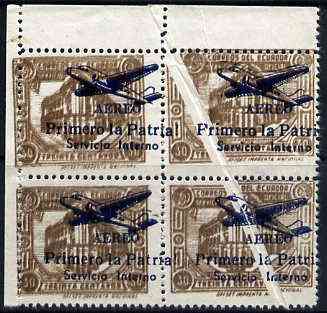 Ecuador 1930s Servicio Interno opt on 30c brown unissued Official stamp without gum with ! instead of full stop after Patria, block of 4 showing large white area due to paper fold with brown printed double & opt misplaced as a result