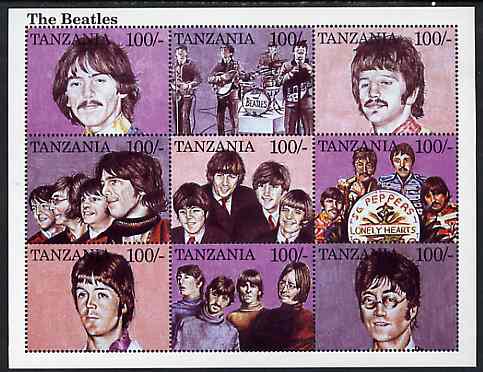 Tanzania 1995 The Beatles perf sheetlet containing 9 x 100s values unmounted mint