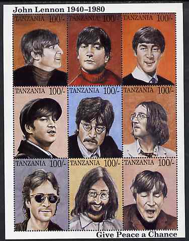 Tanzania 1995 John Lennon perf sheetlet containing 9 x 100s values unmounted mint