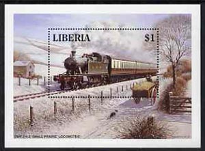 Liberia 1994 Locomotives $1 m/sheet (GWR 2-6-2 Small Prairie Loco in snow scene with Dog) unmounted mint