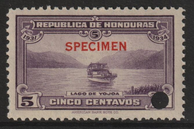 Honduras 1931 Boat on Lake Yojoa 5c unmounted mint optd SPECIMEN (13mm x 2mm) with security punch hole (ex ABN Co archives) SG 321