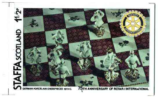 Staffa 1980 Chess Pieces (75th Anniversary of Rotary International) - original composite artwork for 1.5p value comprising photograph of main design (German Porcelain Chesspieces), Rotary logo, plus overlay with value and inscriptions (with issued label)