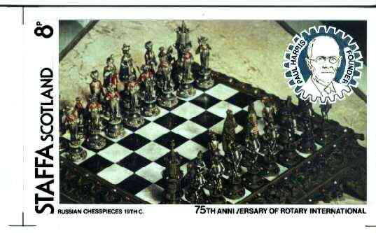 Staffa 1980 Chess Pieces (75th Anniversary of Rotary International) - original composite artwork for 18p value comprising photograph of main design (Venetian Chesspieces), inset of Paul Harris, plus overlay with value and inscriptions (with issued label)