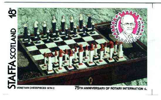 Staffa 1980 Chess Pieces (75th Anniversary of Rotary International) - original composite artwork for 8p value comprising photograph of main design (Russian Chesspieces), inset of Paul Harris, plus overlay with value and inscriptions (with issued label)