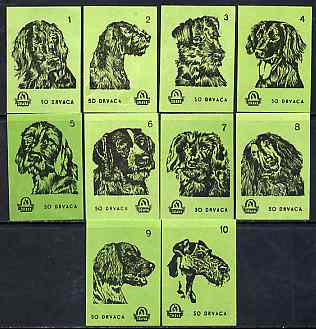 Match Box Labels - complete set of 10 Dogs (set #5 green background) very fine unused condition (Yugoslavian Drava series)