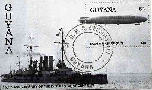 Guyana 1988 150th Anniversary of Birth of Graf Zeppelin $2 m/sheet (Battleship & Zeppelin LZ92) very fine cto used 