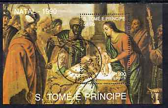 St Thomas & Prince Islands 1990 Christmas 50Db m/sheet (Painting of Adoration) very fine cto used Mi BL 241