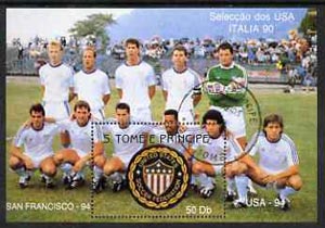 St Thomas & Prince Islands 1990 Football World Cup 50Db perf m/sheet (USA Team & Emblem) very fine cto used