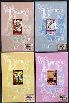 Angola 1999 Walt Disney's Railroad Story set of 4 imperf souvenir sheets, unmounted mint, with wrong value (750,000 K insted of 950,000 K) and different colours, produced in minimal quantity for initial approval