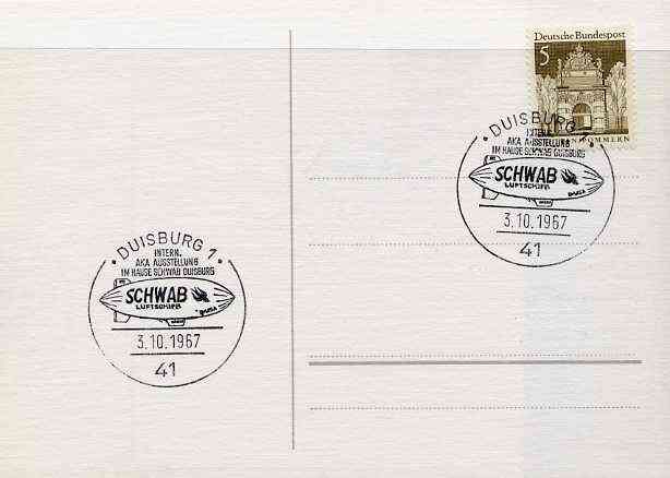 Postmark - West Germany 1967 postcard with special cancellation for Duisburg Space Philately Exhibition, illustrated with Schwab Airship