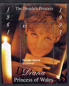 Davaar Island 1998 Diana, The People's Princess perf souvenir sheet (Â£1 value showing candle-lit picture) opt'd In Memorium, 1st Anniversary unmounted mint