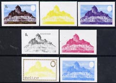 Belize 1983 Maya Monuments 15c (Xunantunich) x 7 imperf progressive proofs comprising the 4 main individual colours, plus 3 combination composites unmounted mint, as SG 747