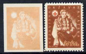 Croatia 1942 Red Cross Fund imperf proof of 1k50 + 0k50 in orange only (on ungummed paper) plus perforated issued stamp