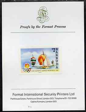 Barbuda 1976 Montreal Olympic Games imperf proof of UNISSUED $2 (Sailing) stamp size in full colour mounted on Format Proof card 96 mm x 127mm, superb & rare