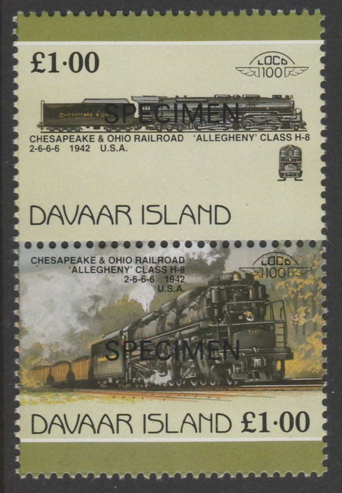 Davaar Island 1983 Locomotives #1 Chesapeake & Ohio Class H8 2-6-6-6 loco Â£1 perf se-tenant pair overprinted SPECIMEN unmounted mint