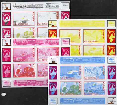 Angola 1999 Walt Disney's Railroad History #3 sheetlet containing 4 values - the set of 4 imperf progressive proofs comprising various 2 and 3-colour composites