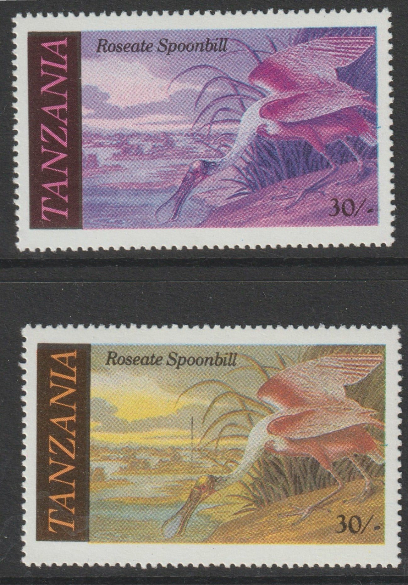 Tanzania 1986 John Audubon Birds 30s (Roseate Spoonbill) with yellow omitted, complete sheetlet of 8 plus normal sheet, both unmounted mint (as SG 467)
